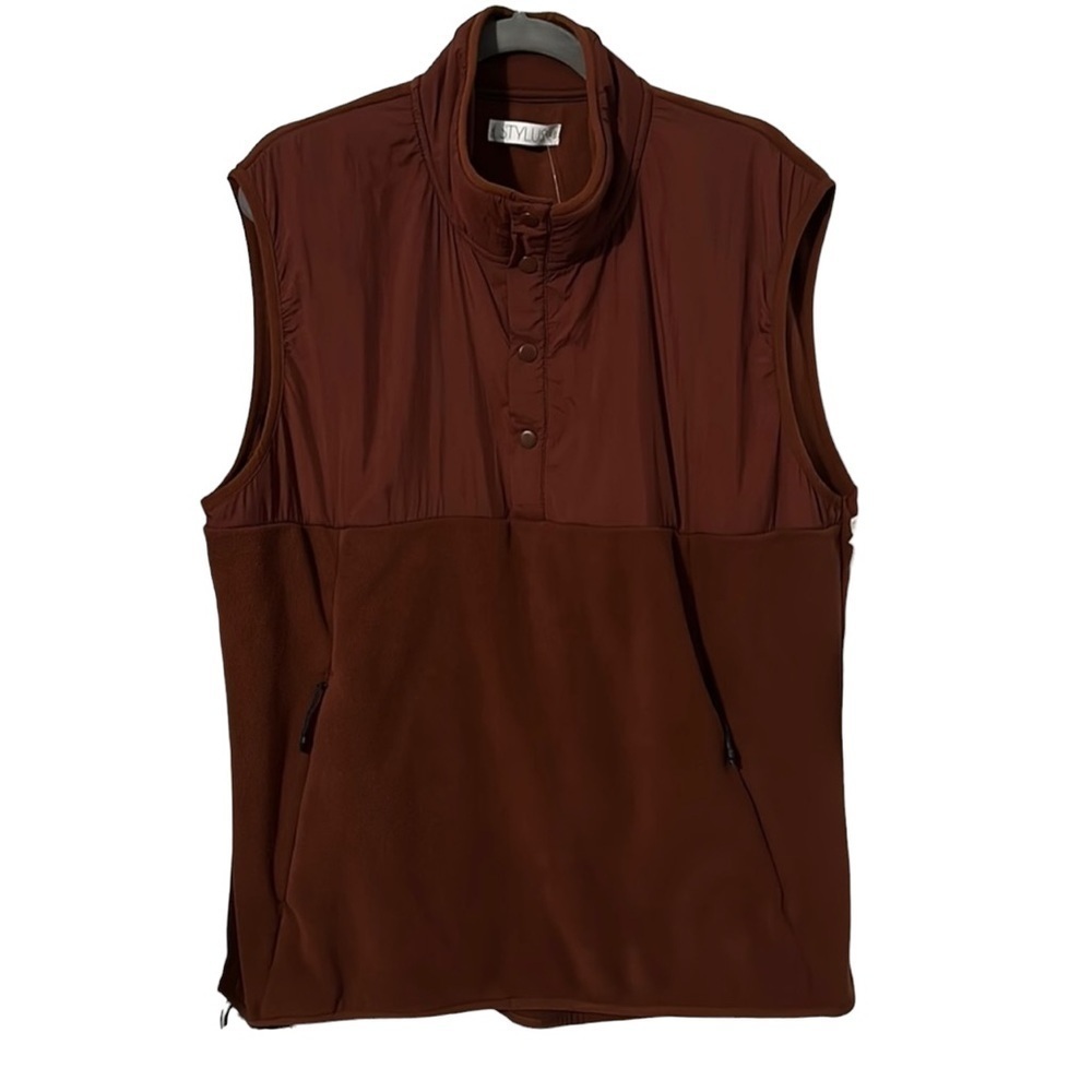 Mens Fleece Vest XL Brown Snap Button Mock Neck Outdoor Hiking‎ Layering